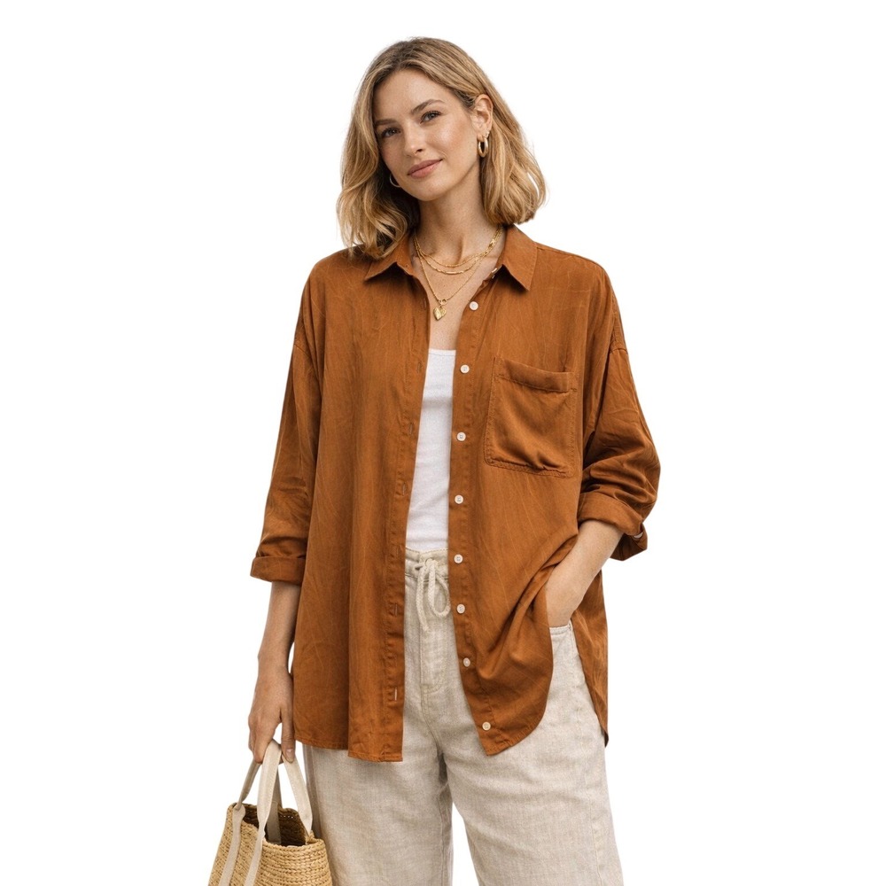 Pure Jill Button Down Brown Copper Viscose Oversized Minimalist Lagenlook Soft M